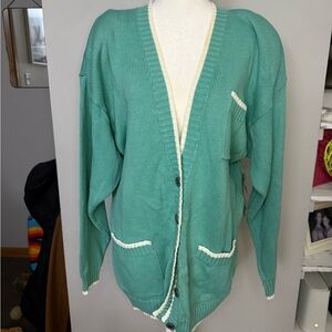 Liz Sport NWT Teal and White Cardigan Sweater Vintage with tags! 100% Cotton